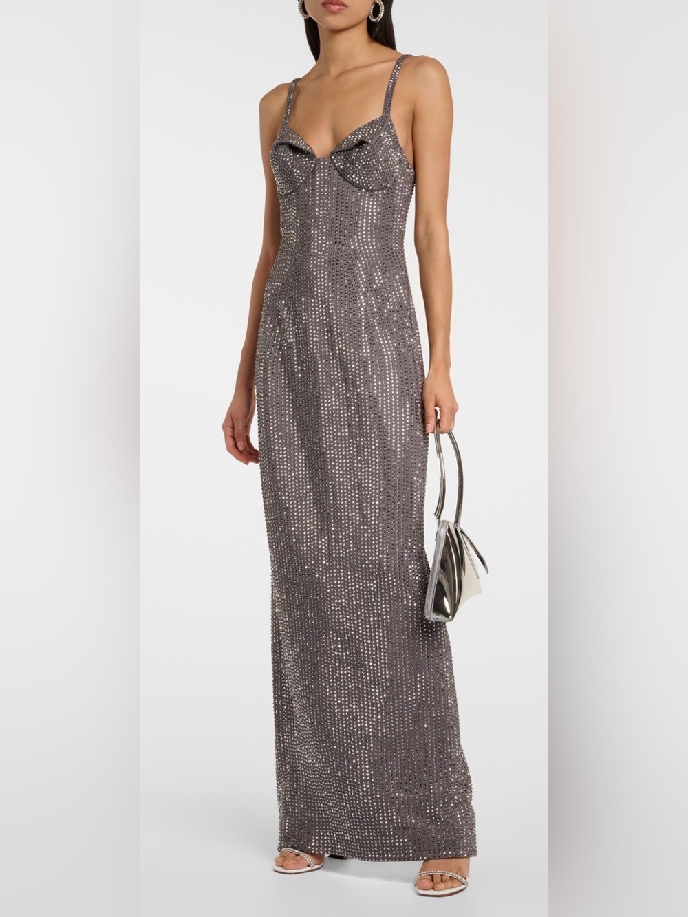 AREA Metallic Gunmetal Crystal Embellished Gown